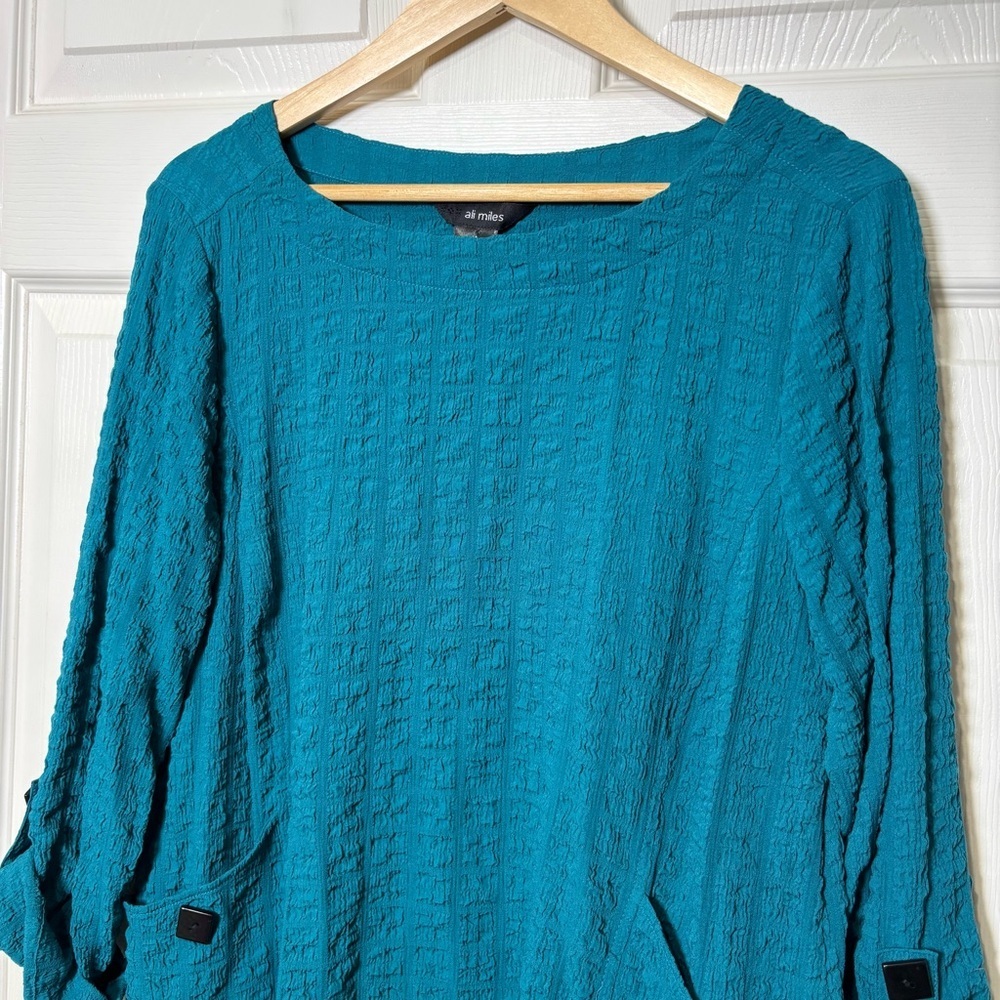 Ali Miles Top Tunic Women Medium Textured Woven Turquoise Lagom Lagenlook Pocket - Picture 4 of 9